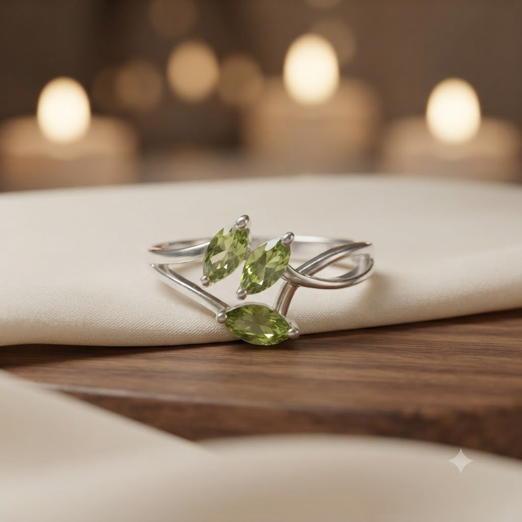 Triple Marquise Peridot Bypass Ring in 925 Sterling Silver