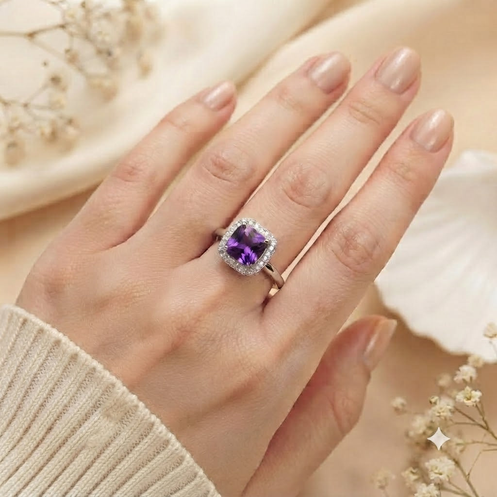 Halo Amethyst Ring in 925 Sterling Silver featuring a cushion cut purple Amethyst with a halo setting