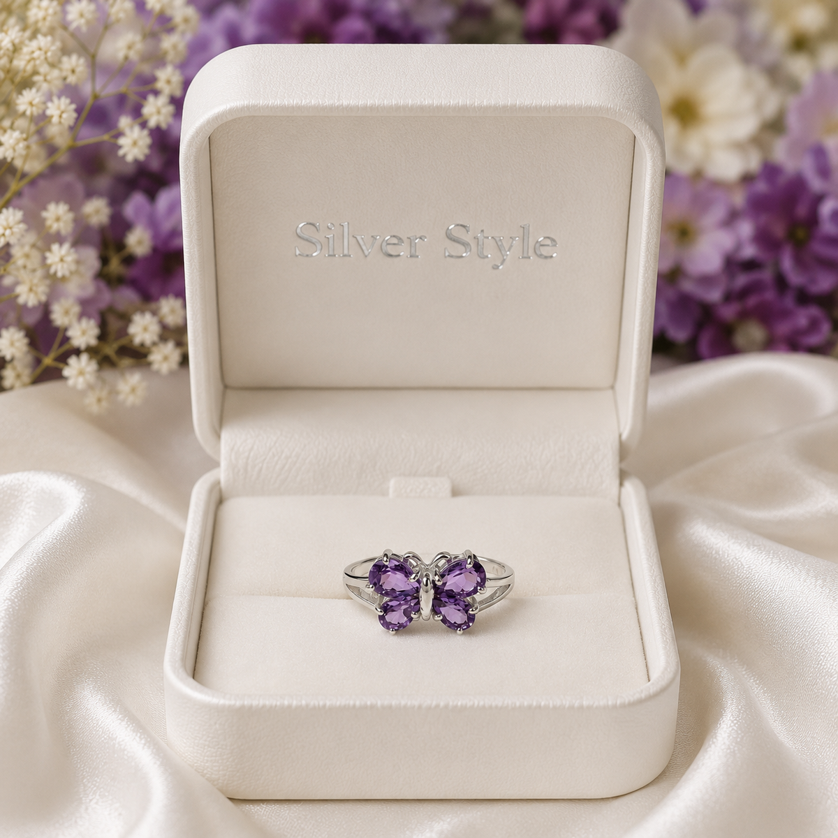 Butterfly Amethyst Ring in Authentic 925 Sterling Silver for Women