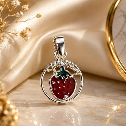 Kids Strawberry Enamel Charm Pendant in 925 Sterling Silver with Red and Green Design