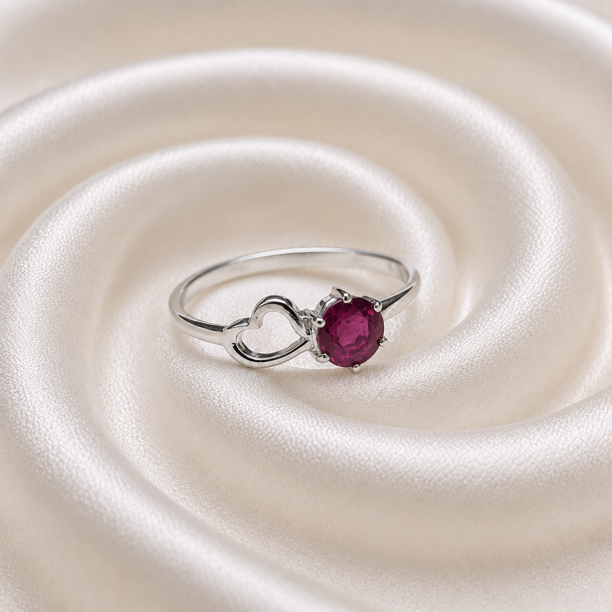 Round-Cut Ruby Ring with Heart Detail in 925 Sterling Silver