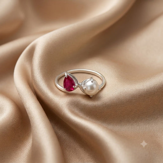 Pear-Cut Ruby and Pearl Bypass Ring in 925 Sterling Silver