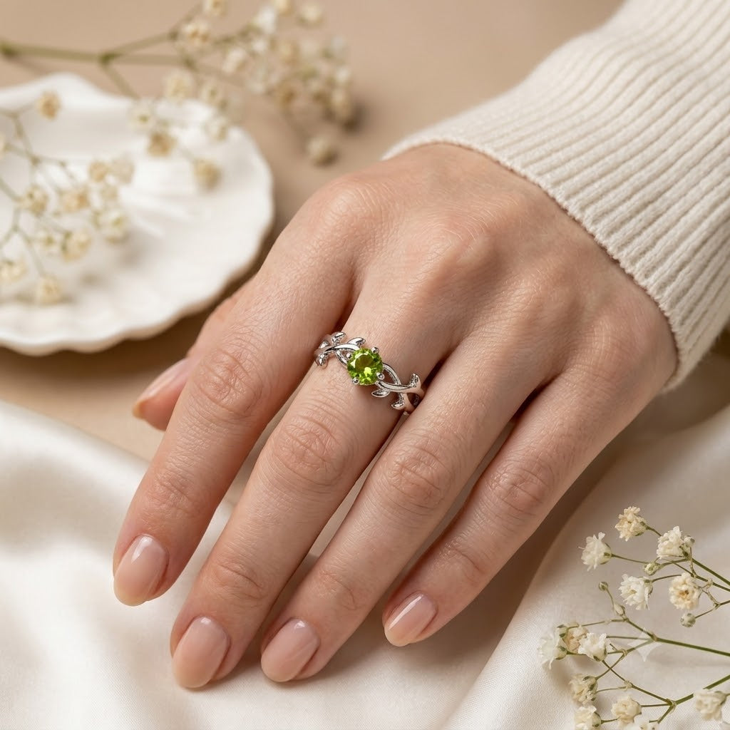 Nature-Inspired Peridot Leaf Ring in 925 Sterling Silver