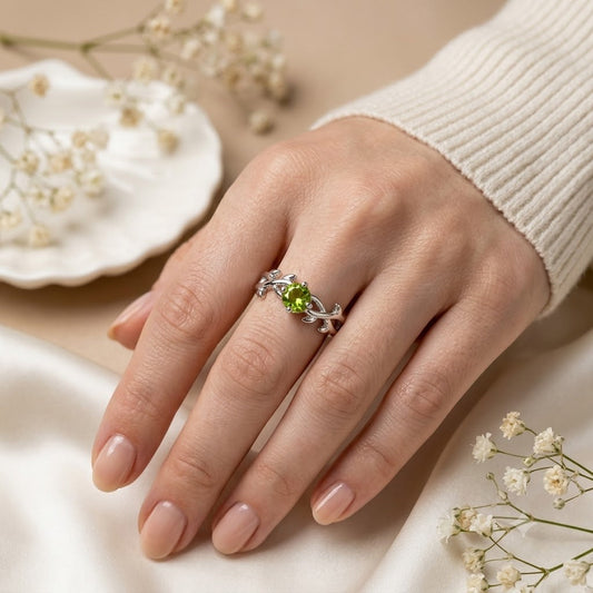 Nature-Inspired Peridot Leaf Ring in 925 Sterling Silver