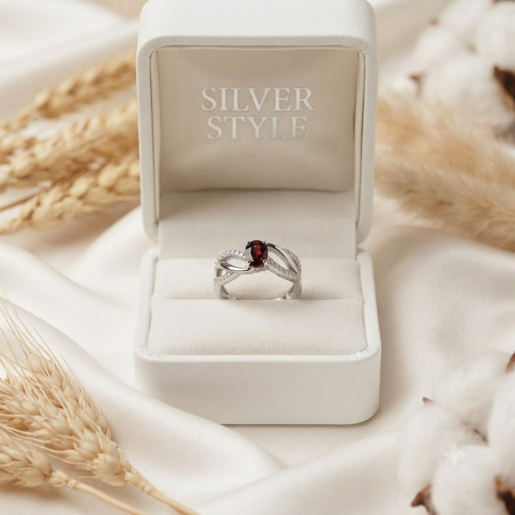 Oval Garnet Twisted Band Ring in 925 Sterling Silver