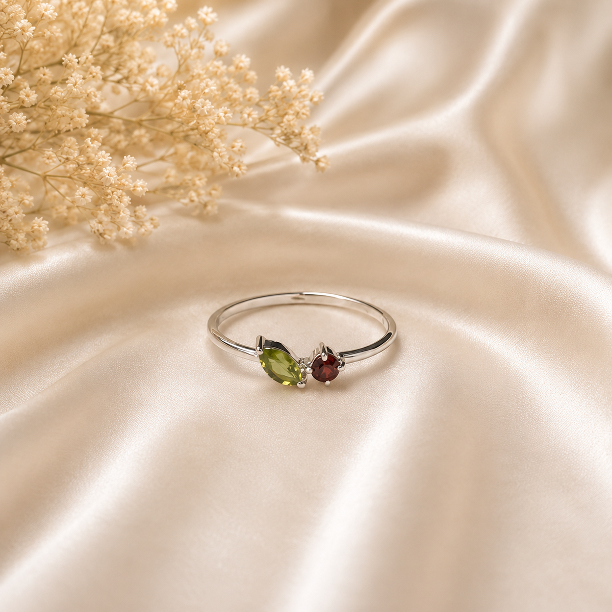 Peridot and Garnet Dainty Bypass Ring in 925 Sterling Silver