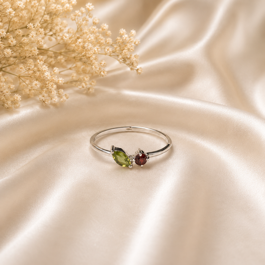 Peridot and Garnet Dainty Bypass Ring in 925 Sterling Silver