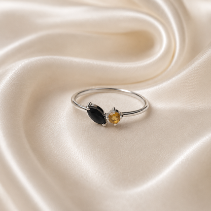 Open Black Onyx Ring in 925 Sterling Silver with Marquise Black Onyx and Round Golden Yellow Gemstone