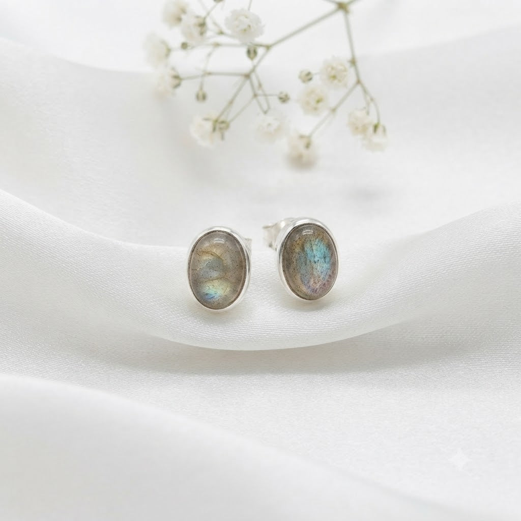 Labradorite oval stud earrings in 925 sterling silver