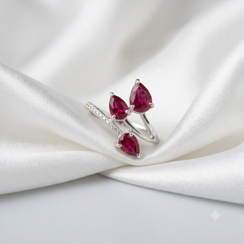Triple Pear-Cut Ruby Bypass Ring in 925 Sterling Silver