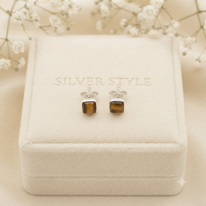 Tiger gemstone stud earrings in 925 sterling silver