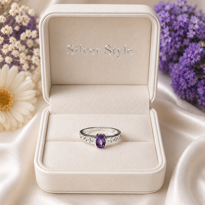 Engraved Amethyst Solitaire Ring in Authentic 925 Sterling Silver for Women
