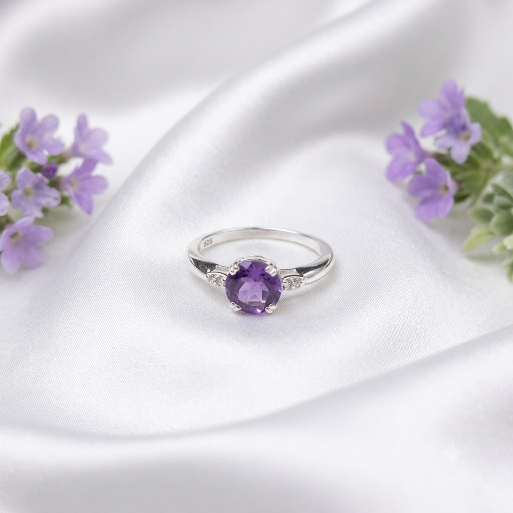 Solitaire Amethyst Ring in 925 Sterling Silver featuring a round purple gemstone