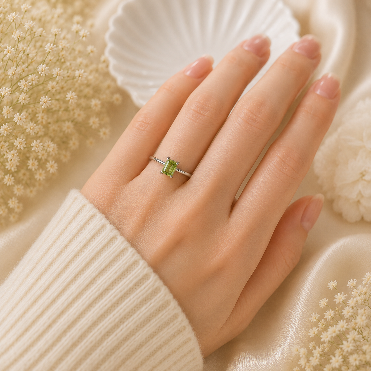 Emerald-Cut Peridot Solitaire Ring in 925 Sterling Silver