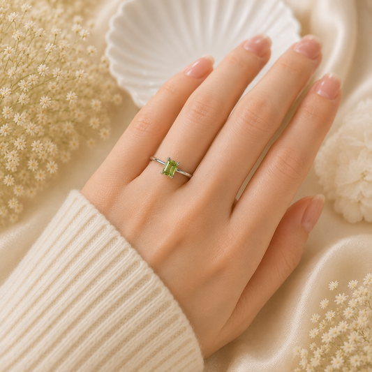 Emerald-Cut Peridot Solitaire Ring in 925 Sterling Silver