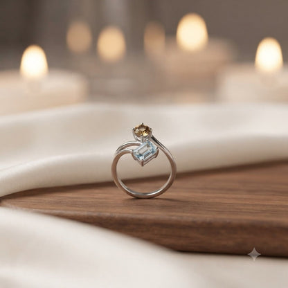 Blue Topaz & Citrine Bypass Ring in Authentic 925 Sterling Silver