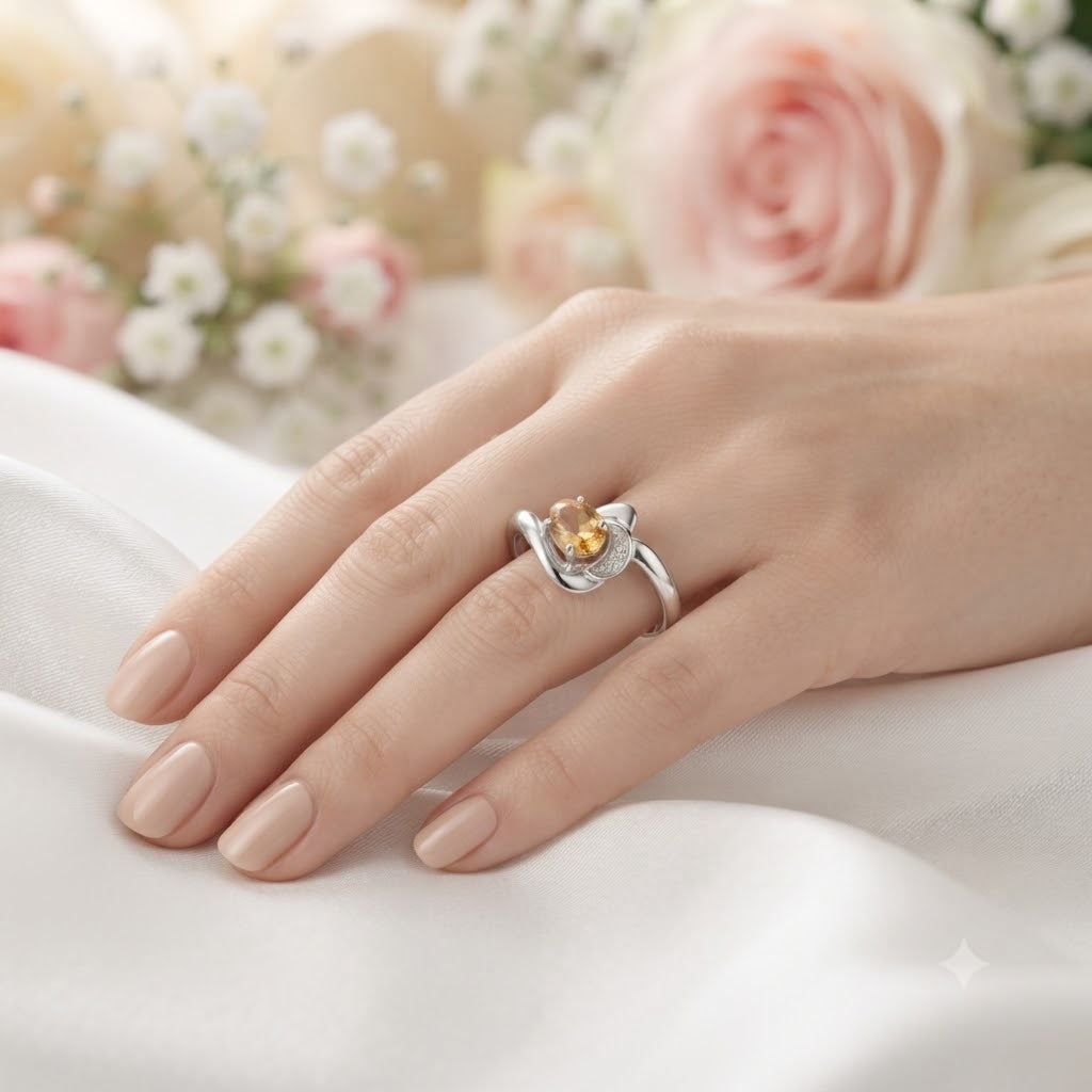 Oval Citrine Ring 925 Sterling Silver Jewelry with Golden Yellow Citrine