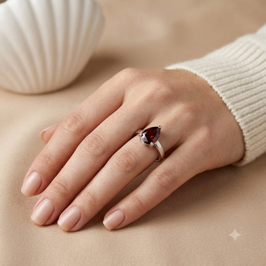 Pear Garnet Ring in Authentic 925 Sterling Silver