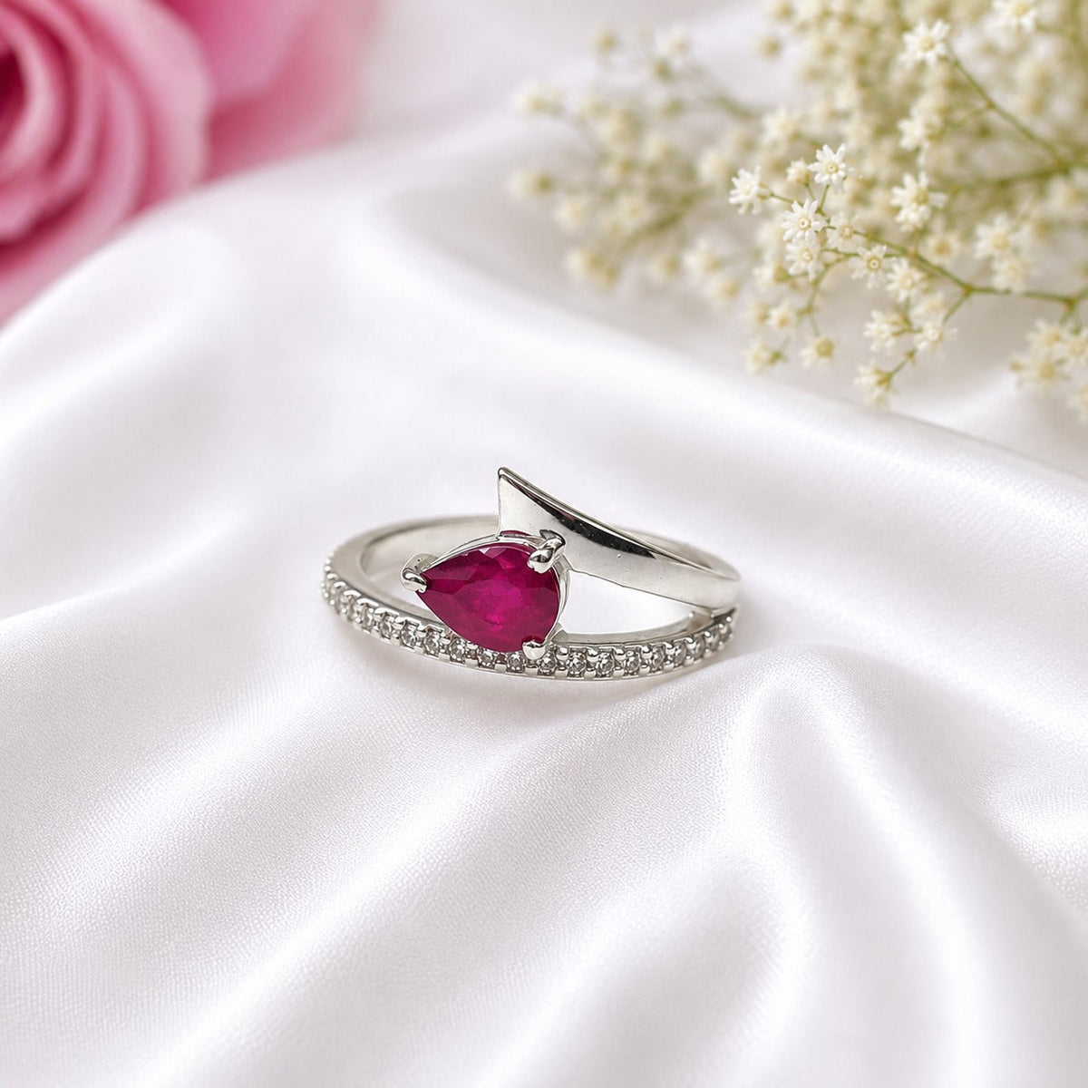 Pear-Cut Ruby and Pave Bypass Ring in 925 Sterling Silver