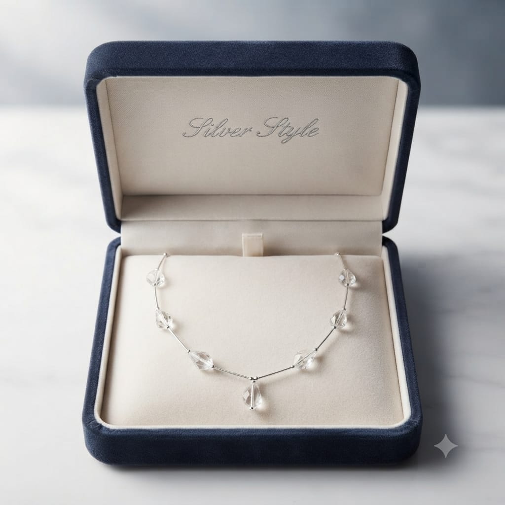 Clear Quartz Bar Drop Necklace in 925 Sterling Silver with crystal drops