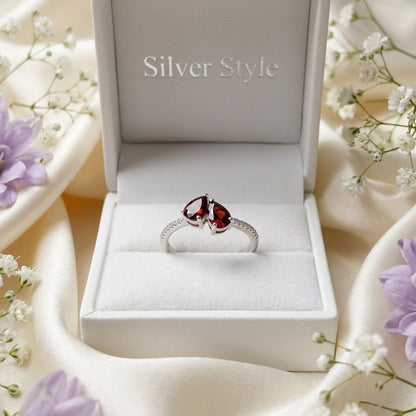 Red Garnet Double Pear Bypass Ring in 925 Sterling Silver