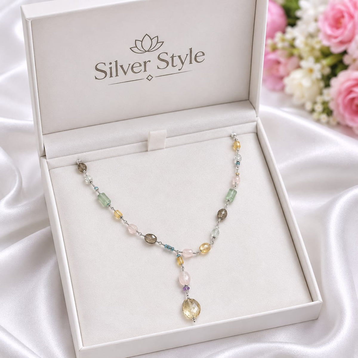 Gemstone Y Drop Necklace with Multicolor Stones in 925 Sterling Silver