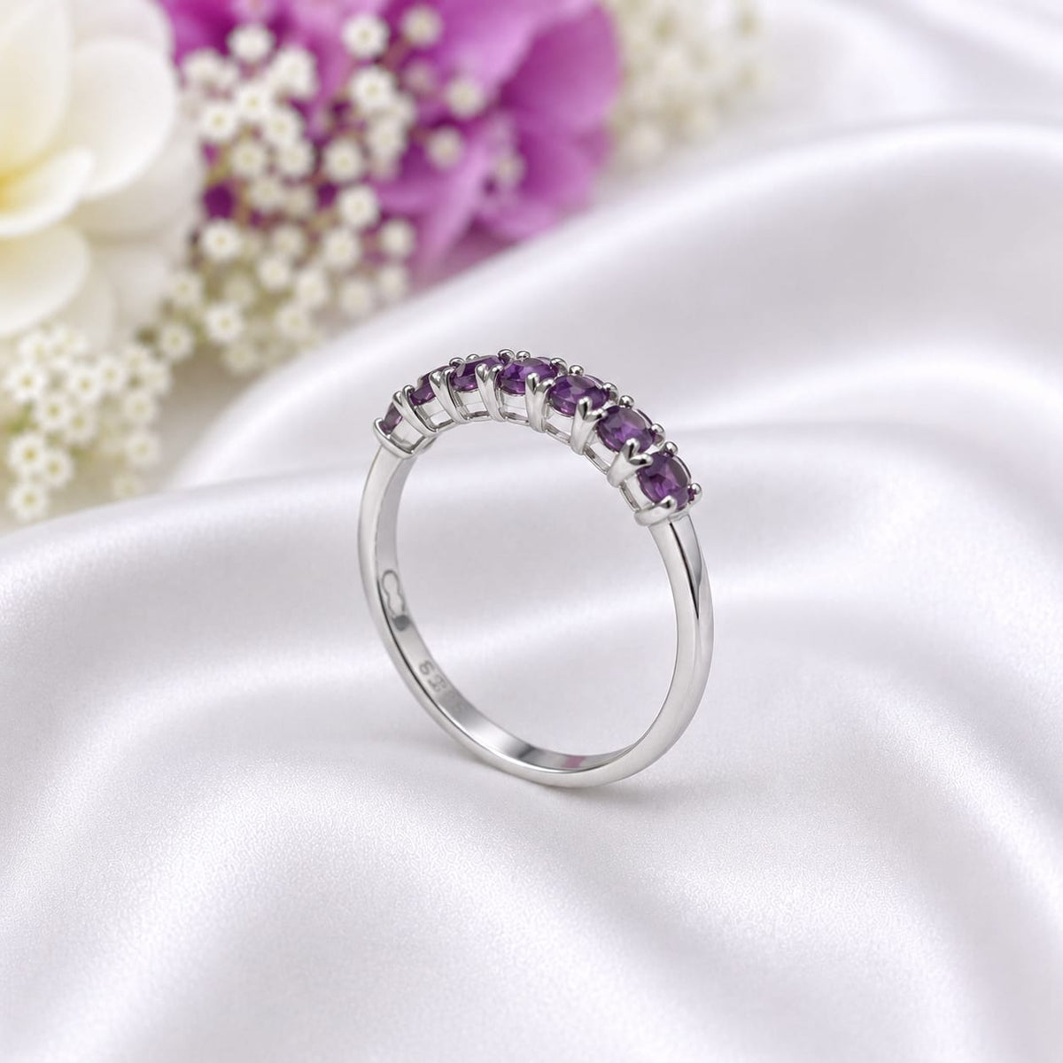 Amethyst Half Eternity Ring in Authentic 925 Sterling Silver for Women
