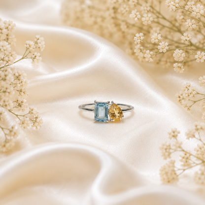Blue Topaz & Citrine Duo Ring in Authentic 925 Sterling Silver