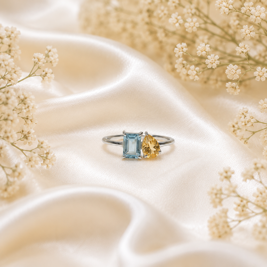 Blue Topaz & Citrine Duo Ring in Authentic 925 Sterling Silver