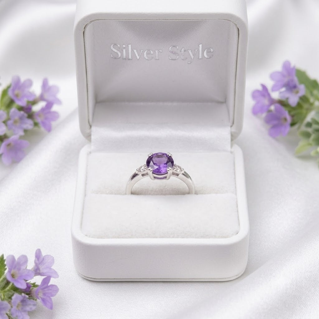 Solitaire Amethyst Ring in 925 Sterling Silver featuring a round purple gemstone