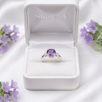 Solitaire Amethyst Ring in 925 Sterling Silver featuring a round purple gemstone