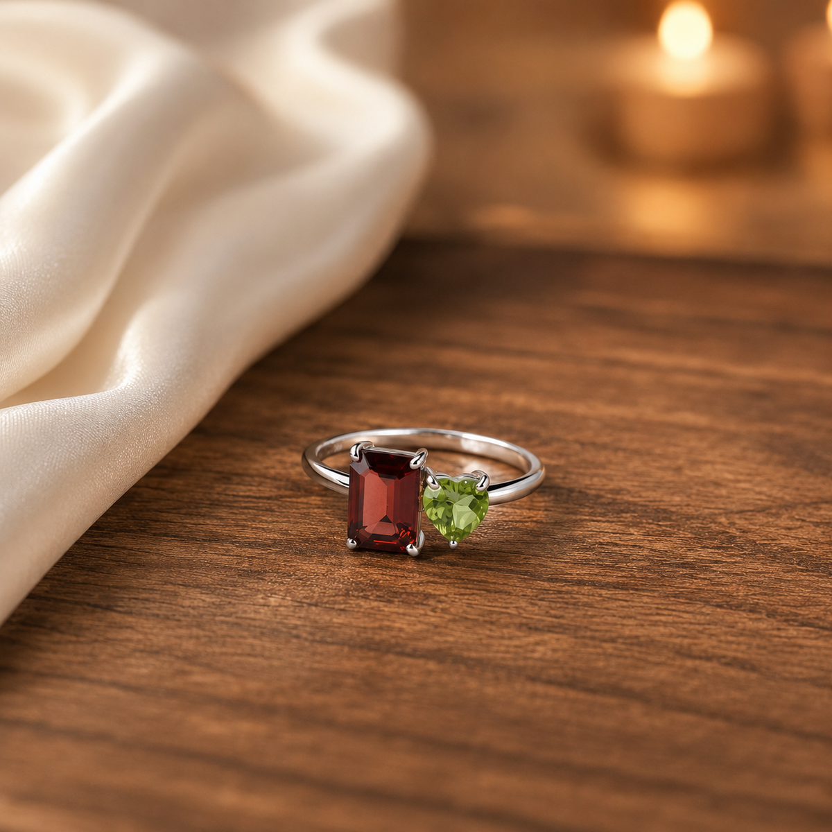 Garnet and Peridot Heart Bypass Ring in 925 Sterling Silver