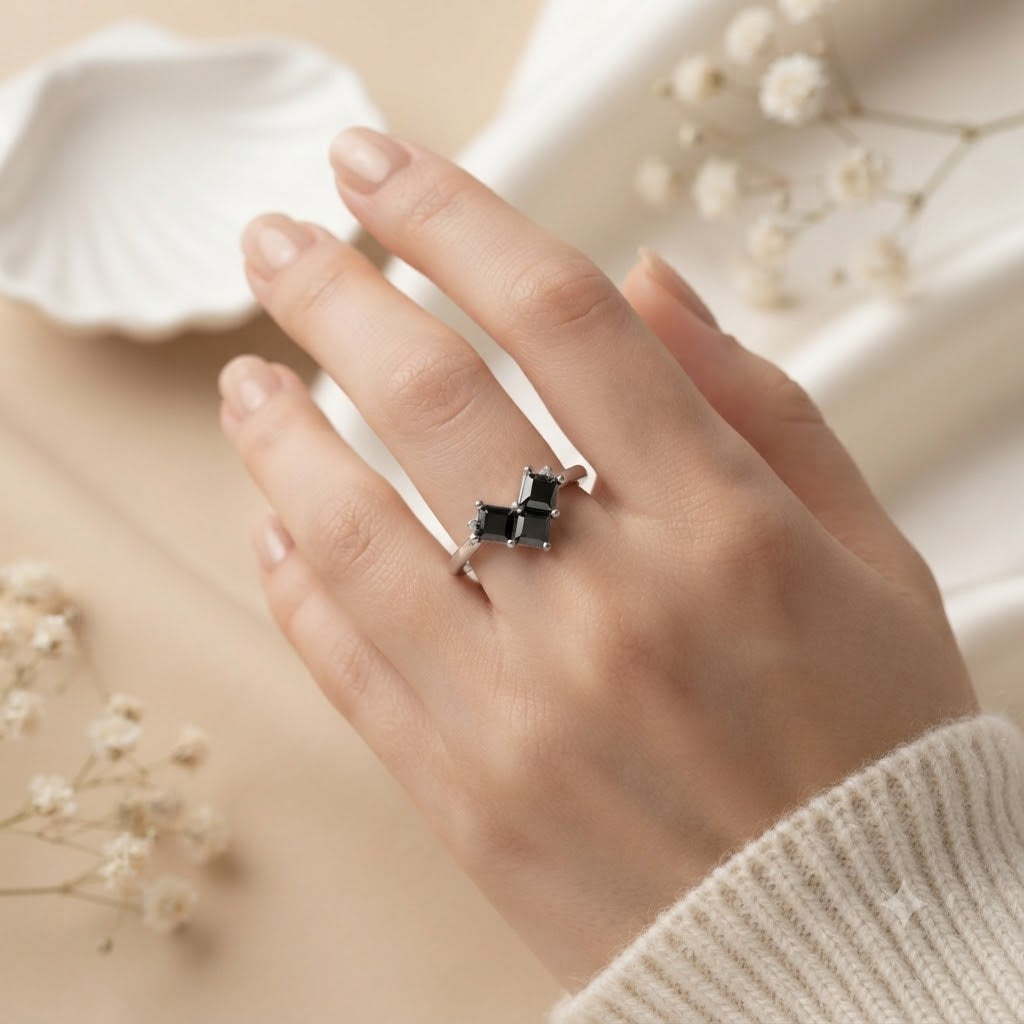 Cluster Black Onyx Ring in 925 Sterling Silver with Square Black Onyx Gemstones