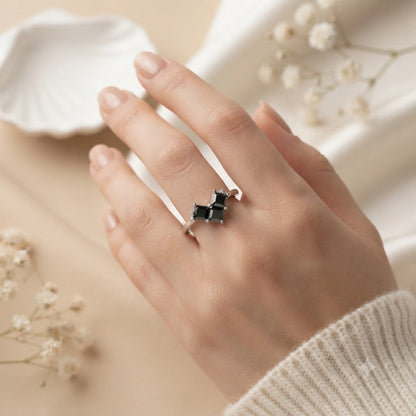 Cluster Black Onyx Ring in 925 Sterling Silver with Square Black Onyx Gemstones
