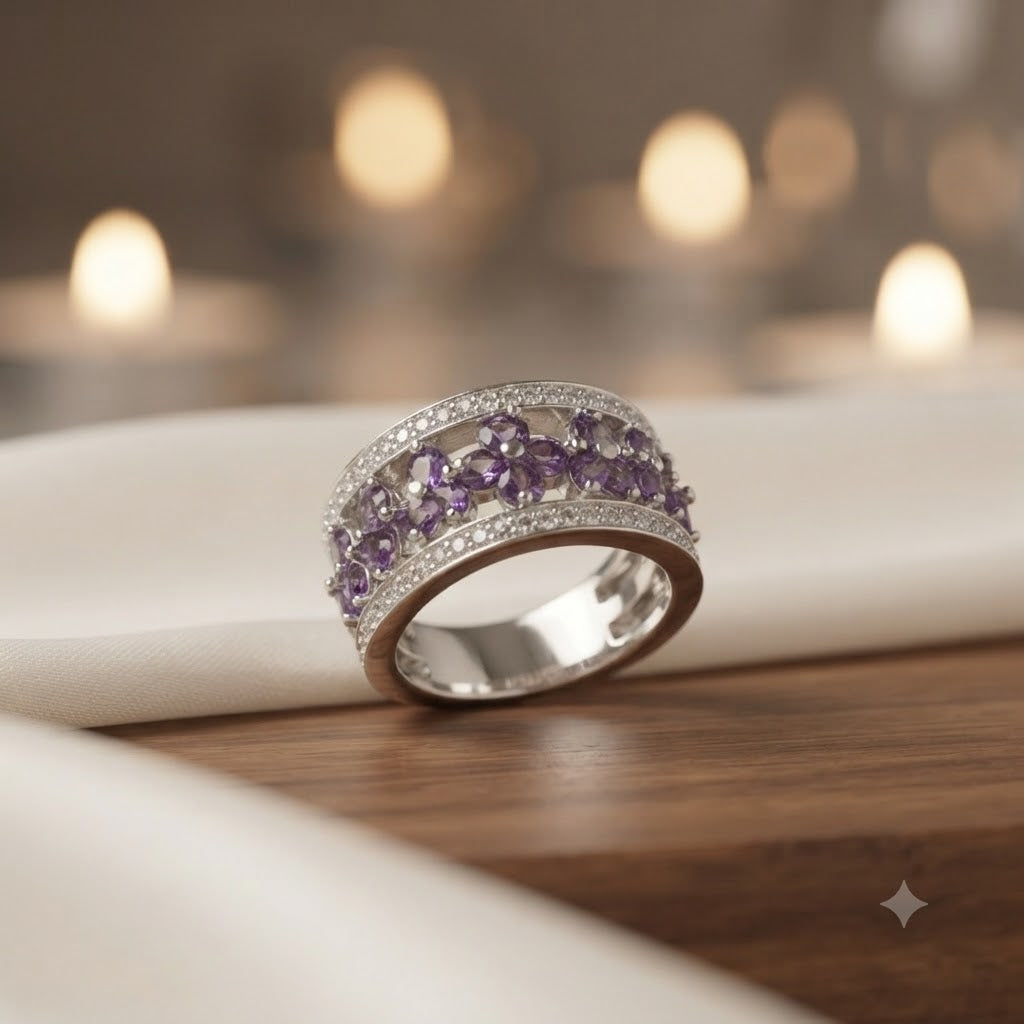 Floral Amethyst Ring in Authentic 925 Sterling Silver