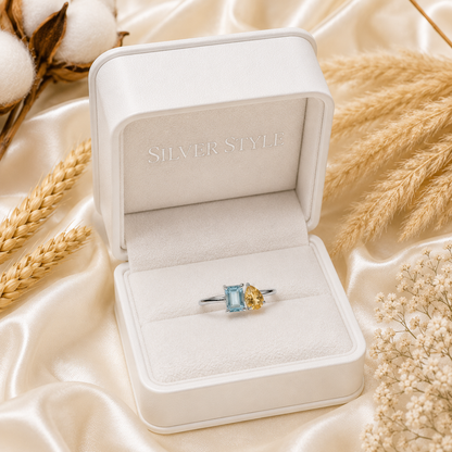 Blue Topaz & Citrine Duo Ring in Authentic 925 Sterling Silver