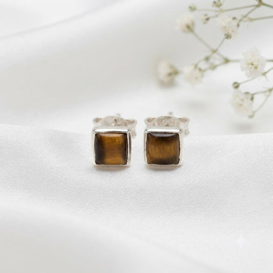 Tiger gemstone stud earrings in 925 sterling silver