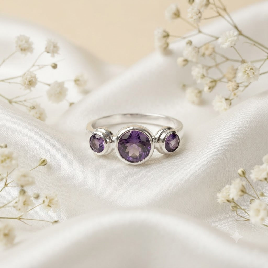 Cluster Amethyst Ring in 925 Sterling Silver with three round purple gemstones