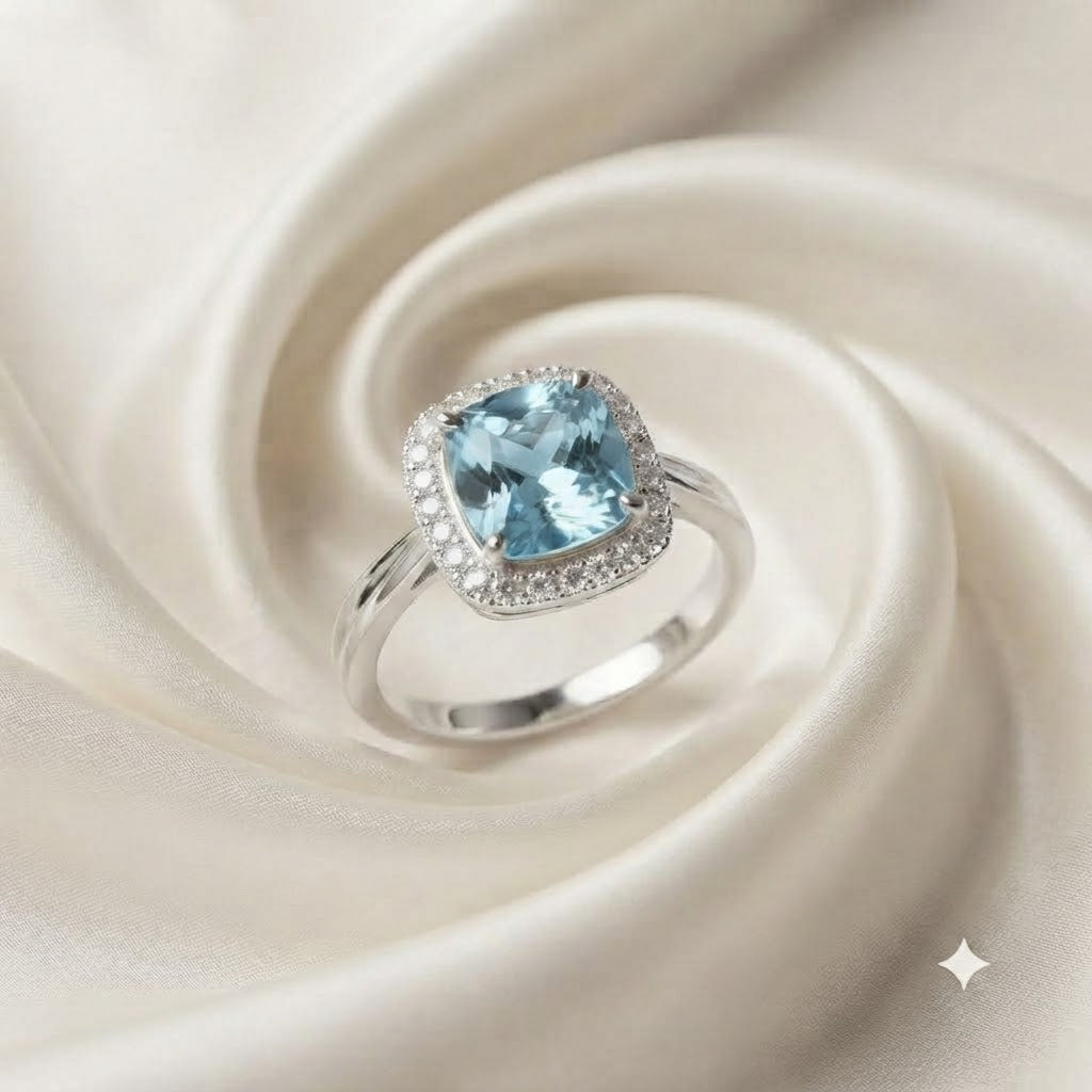 Halo Blue Topaz Ring crafted in 925 Sterling Silver with a cushion cut sky blue gemstone surrounded by a sparkling halo in a four-prong setting.