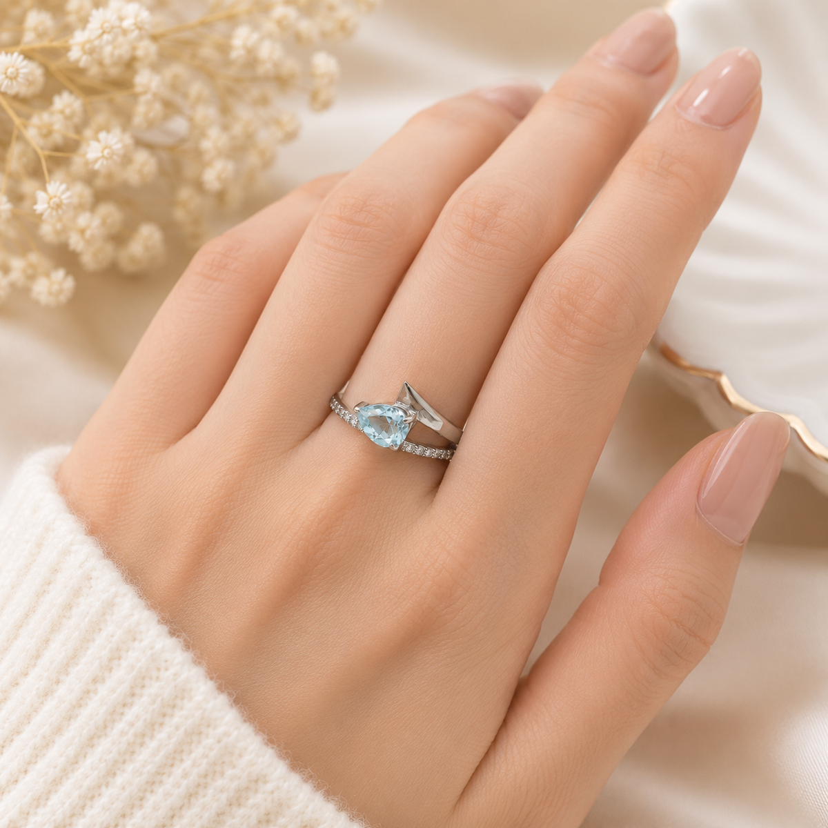 Bypass Blue Topaz Ring in Authentic 925 Sterling Silver