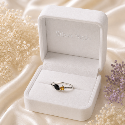 Open Black Onyx Ring in 925 Sterling Silver with Marquise Black Onyx and Round Golden Yellow Gemstone