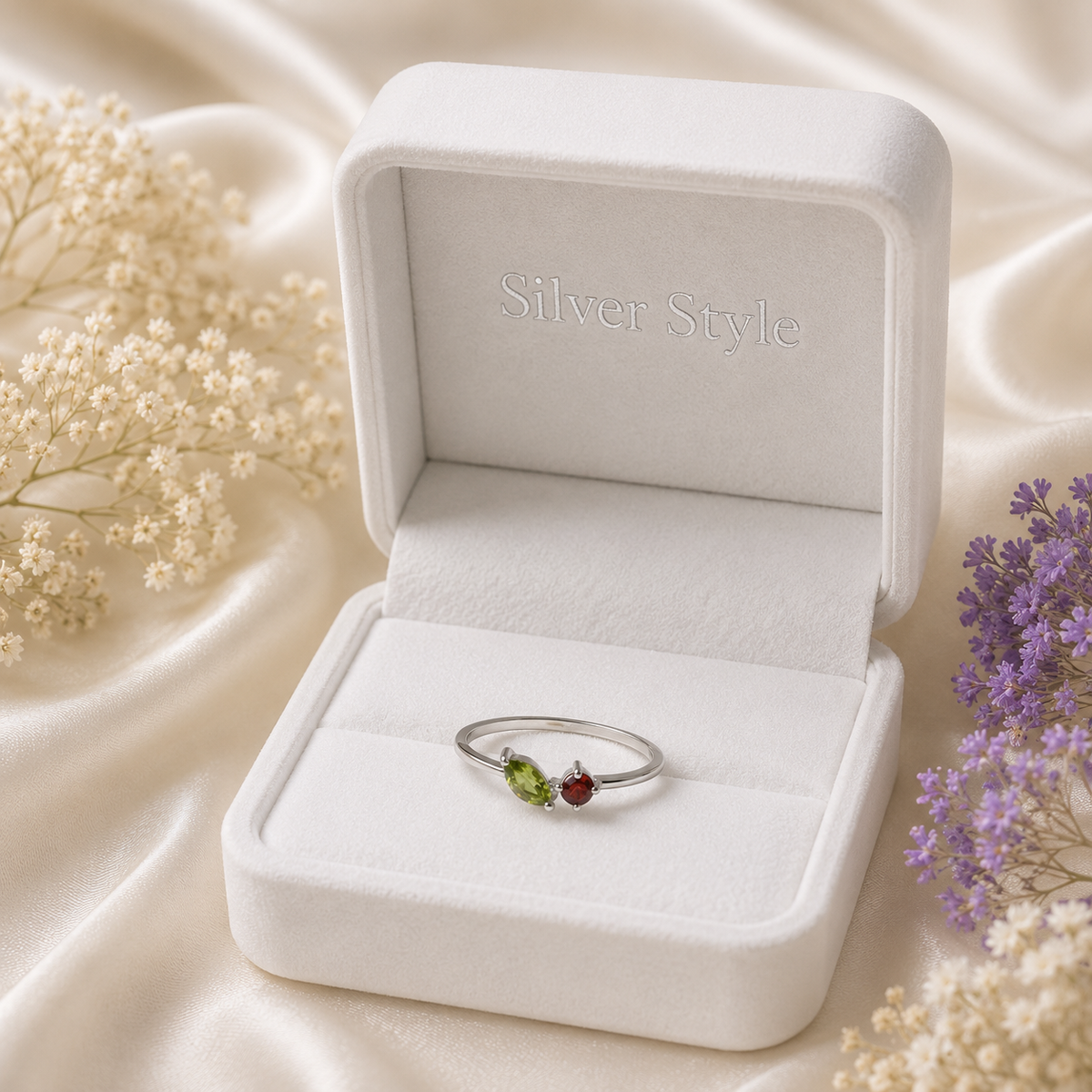Peridot and Garnet Dainty Bypass Ring in 925 Sterling Silver
