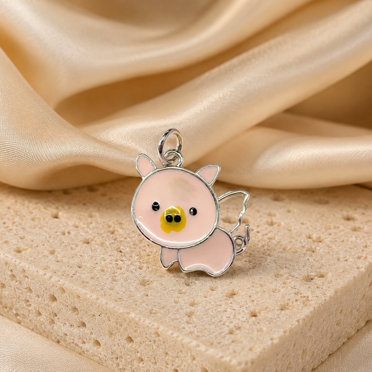 Cute pink pig enamel charm in silver-tone metal