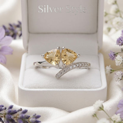 Twin Citrine Ring in Authentic 925 Sterling Silver