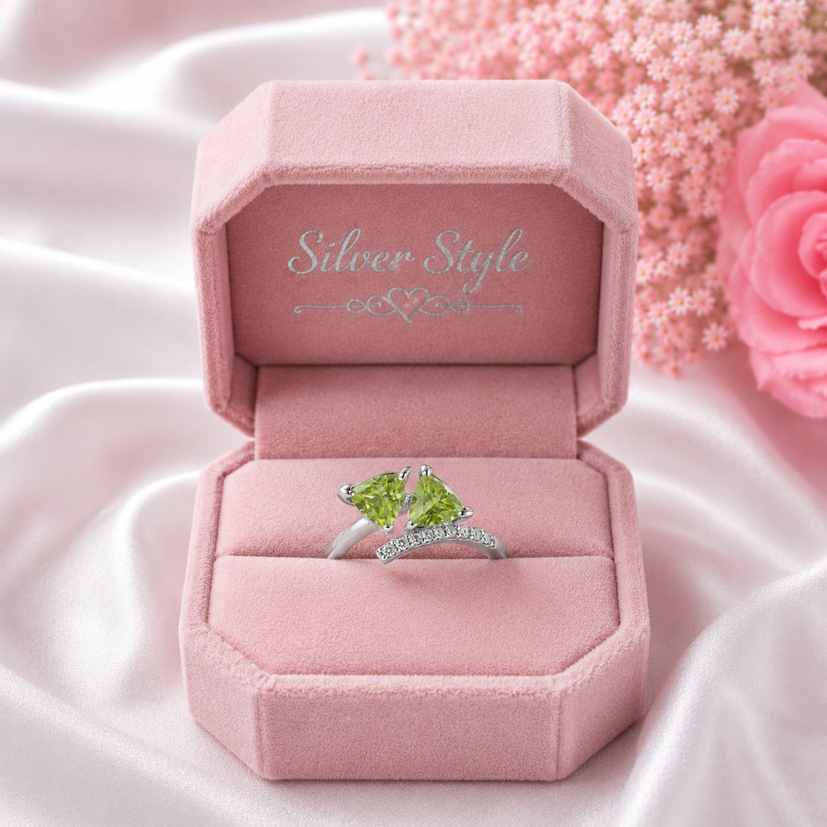 Twin Trillion Peridot Bypass Ring in 925 Sterling Silver