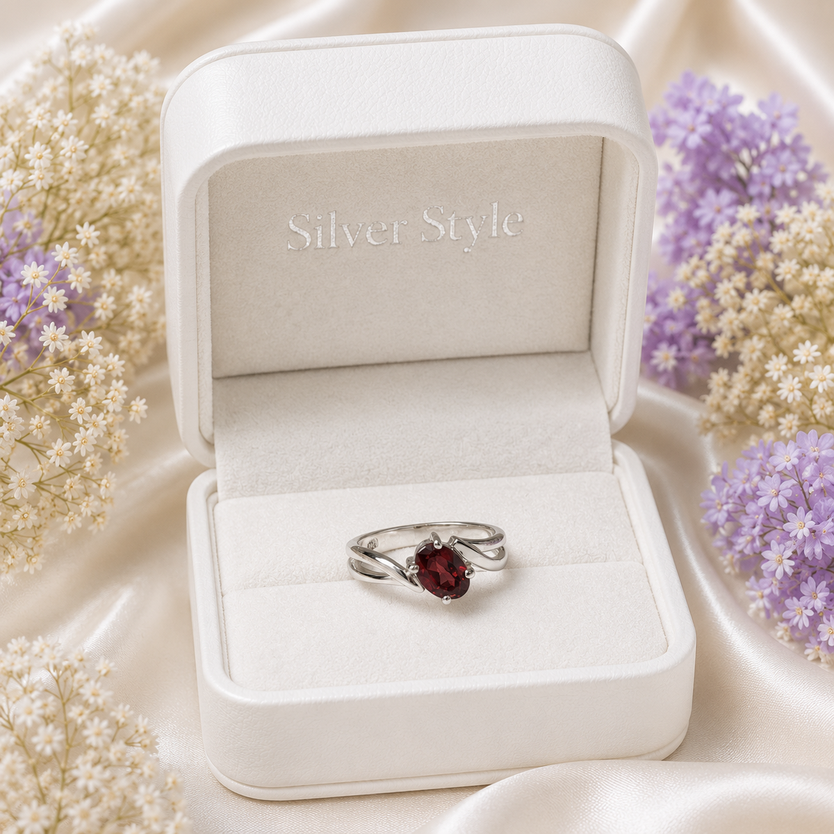 Red Garnet Oval Bypass Ring in 925 Sterling Silver