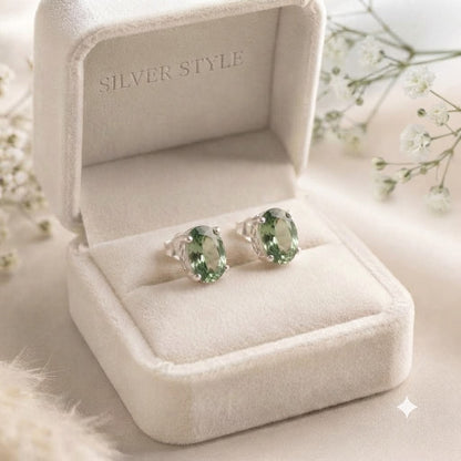 Green Tourmaline stud earrings in 925 sterling silver with oval gemstones