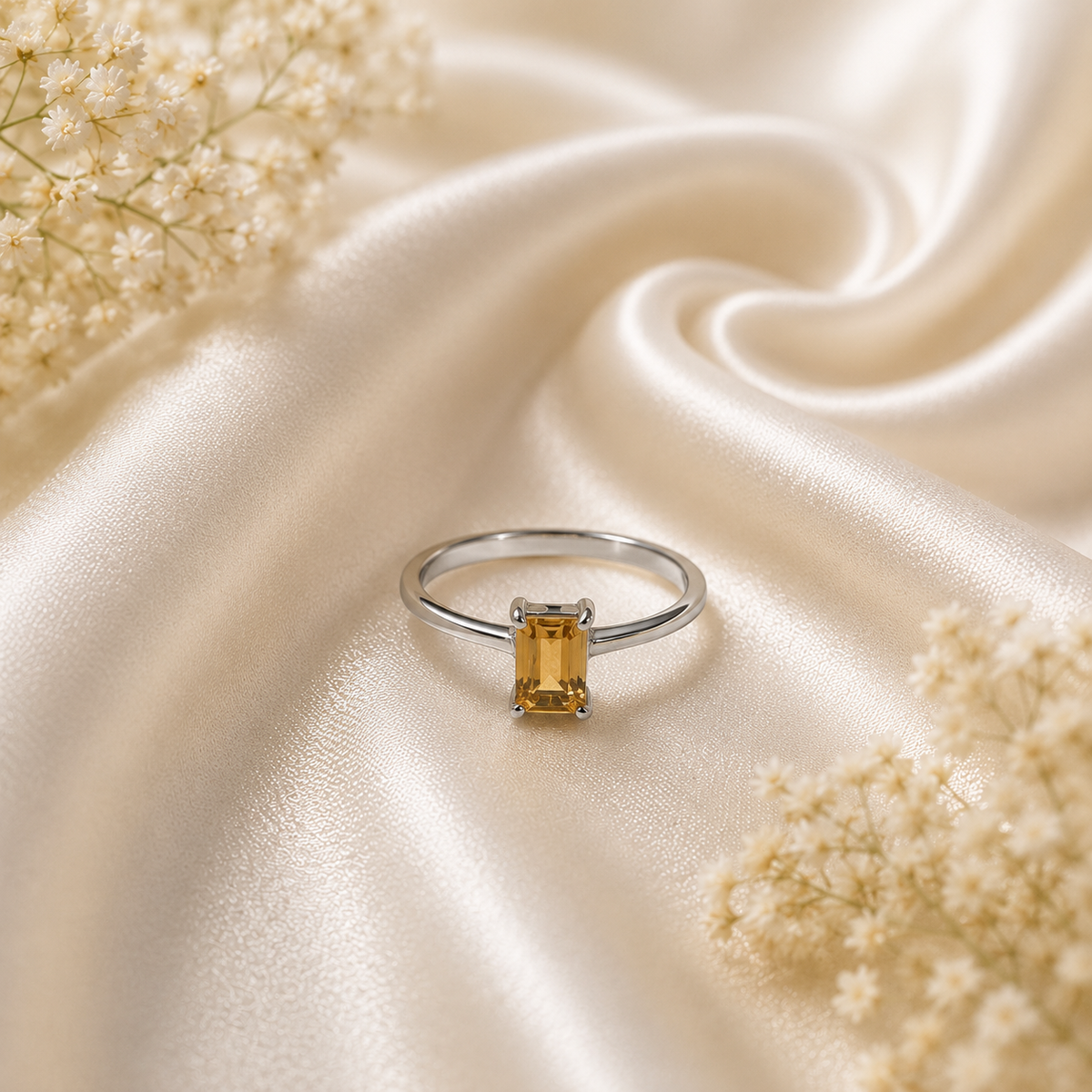 Emerald Cut Citrine Ring in Authentic 925 Sterling Silver