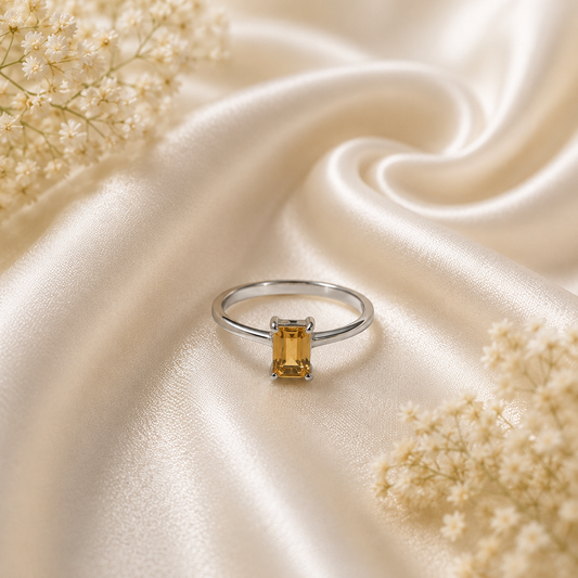 Emerald Cut Citrine Ring in Authentic 925 Sterling Silver