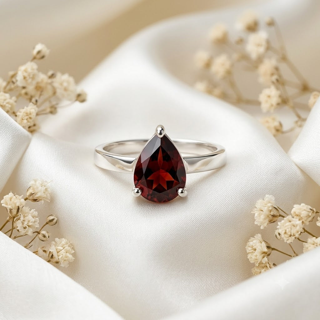 Pear Garnet Ring in Authentic 925 Sterling Silver